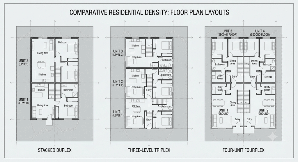 Floor plan diagram comparing duplex, triplex, and fourplex layouts on one lot