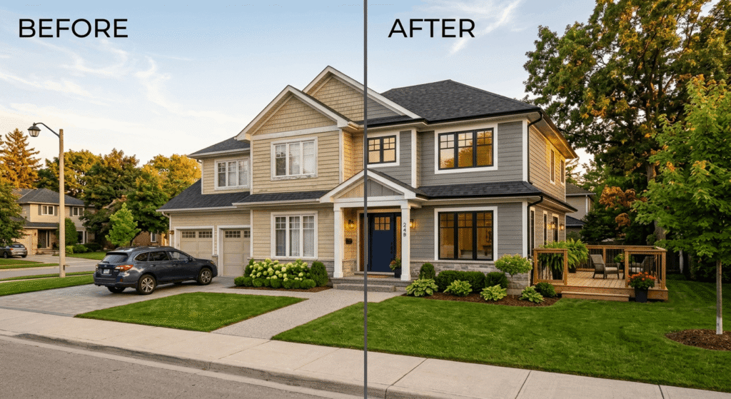 Before and after exterior renovation showing fresh paint and new front door for curb appeal