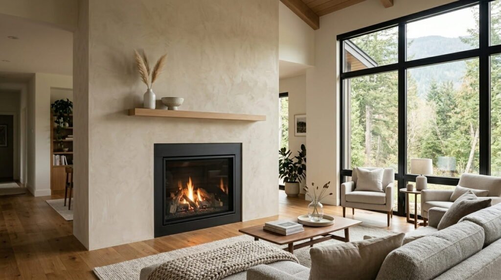 Fireplace accent wall in limewash plaster with a floating oak mantel