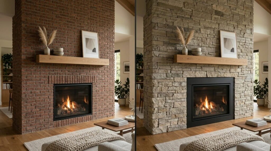 Fireplace stone makeover replacing red brick with stacked ledgestone