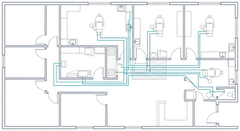 Dental office layout plan showing four operatories and a sterilization room
