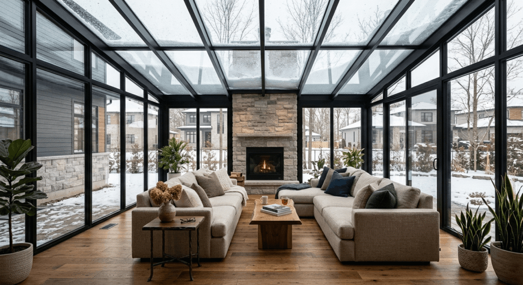 Four-season sunroom interior with glass walls used as year-round living space in Canada