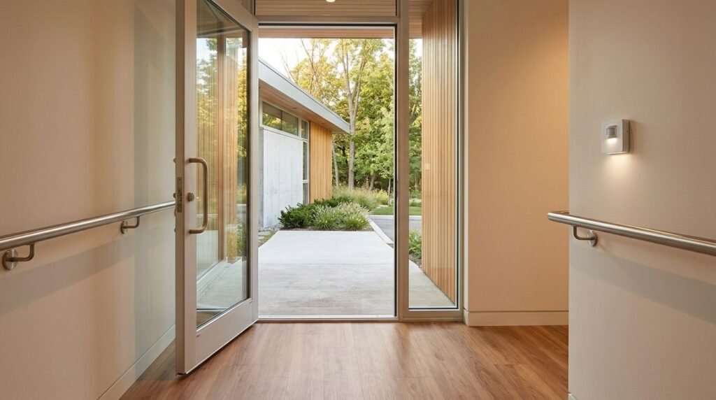 Step-free entrance and wide doorway accessibility features in a home
