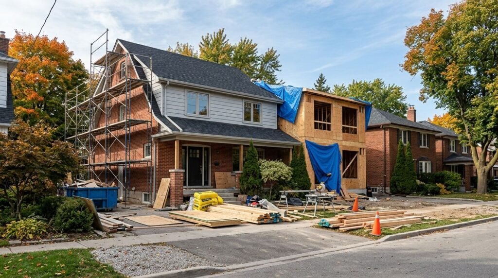 Home under renovation with a new addition being framed in Milton Ontario