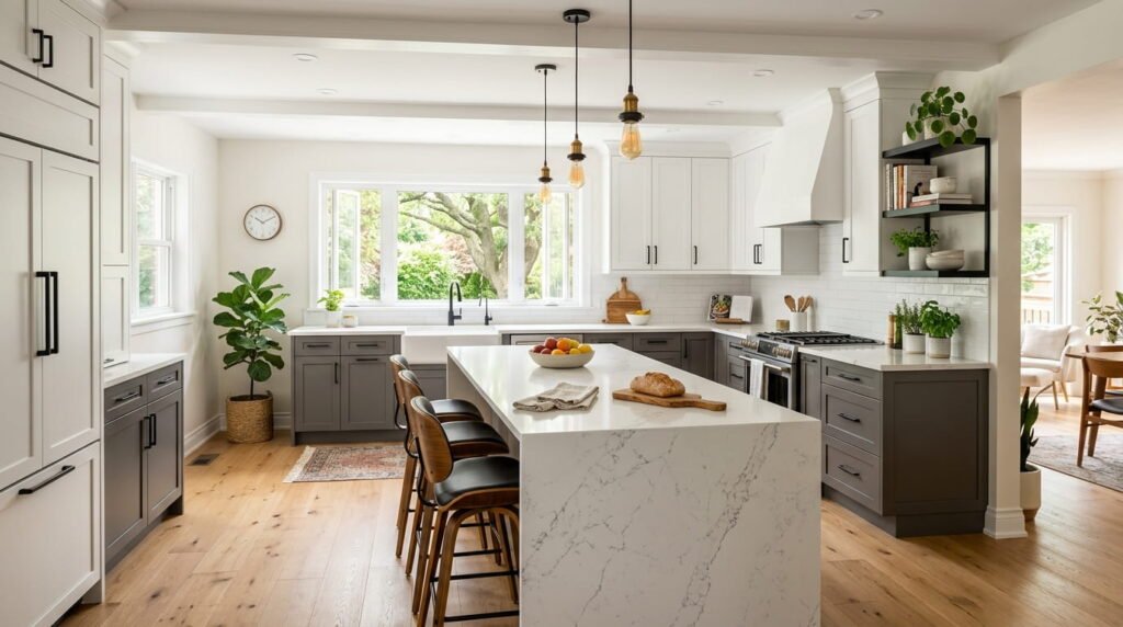 Finished kitchen renovation in Milton Ontario with grey and white cabinets and quartz island