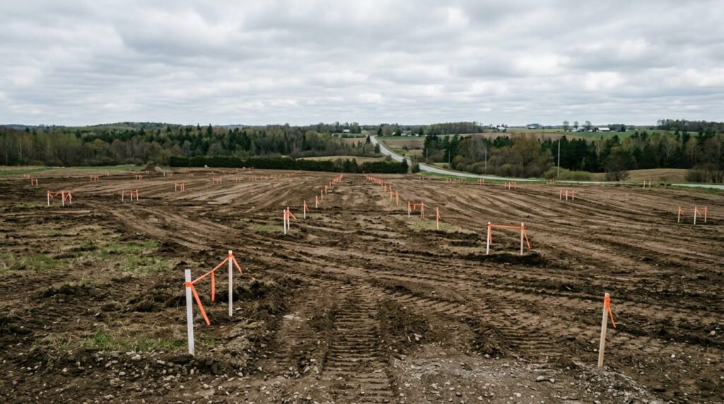 Raw land parcel with survey stakes being prepared for development in Ontario