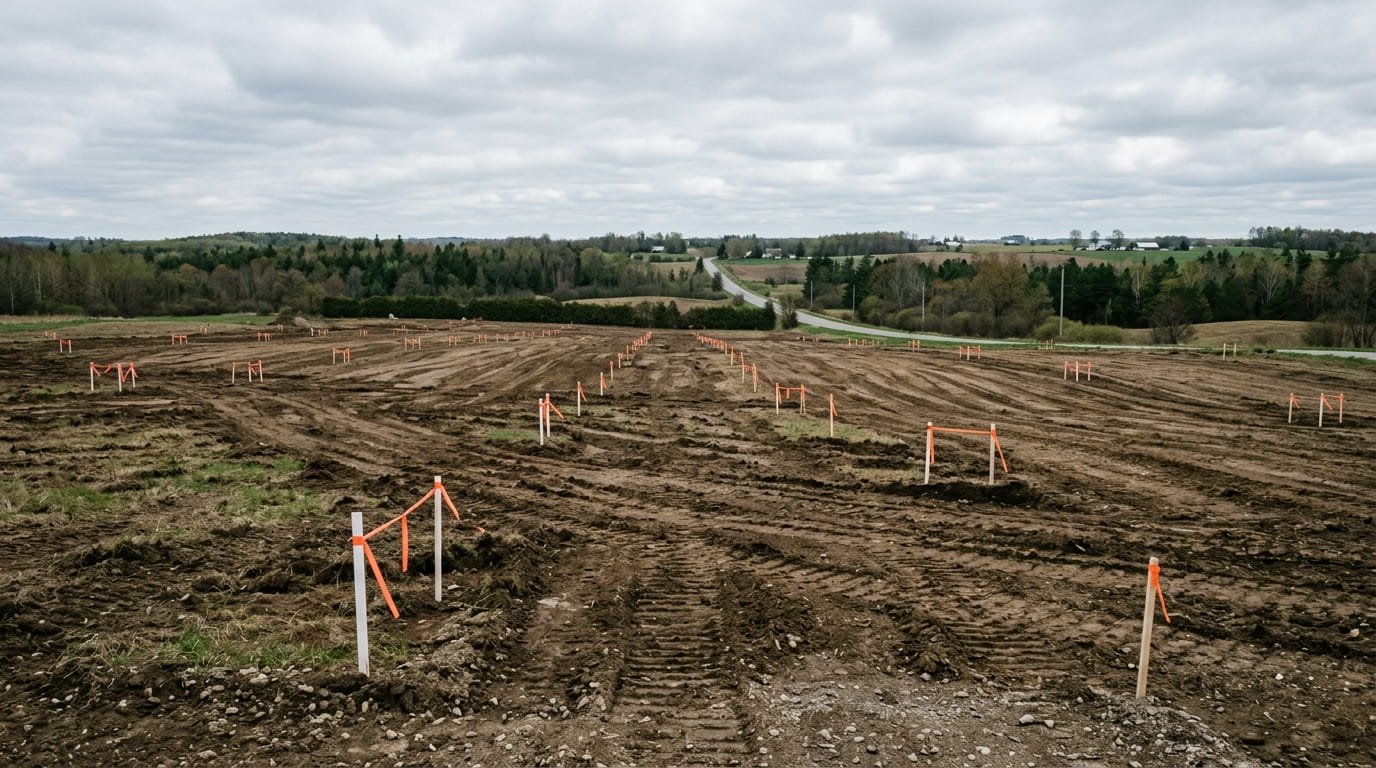 Raw land parcel with survey stakes being prepared for development in Ontario