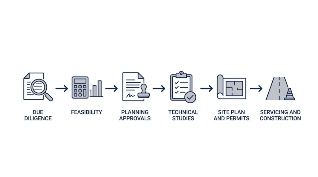Land development process stages from raw parcel to finished lots in Canada