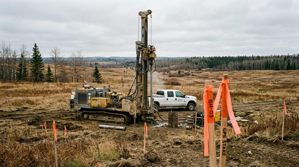 Geotechnical soil testing and land surveying on a raw development site