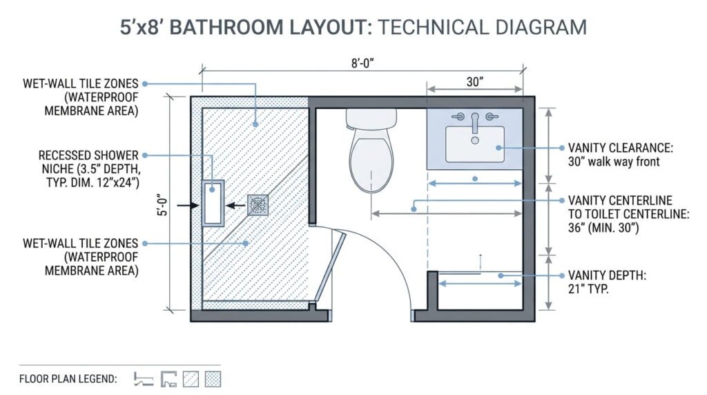 Bathroom design layout showing wet-wall tile zones and vanity clearances
