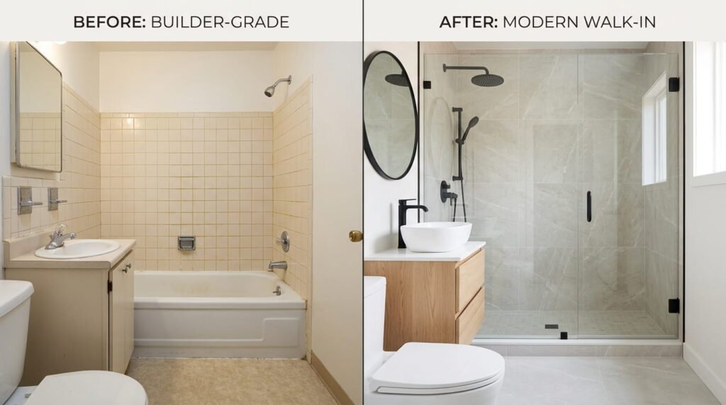 Bathroom renovation in Milton with walk-in shower replacing builder-grade tub