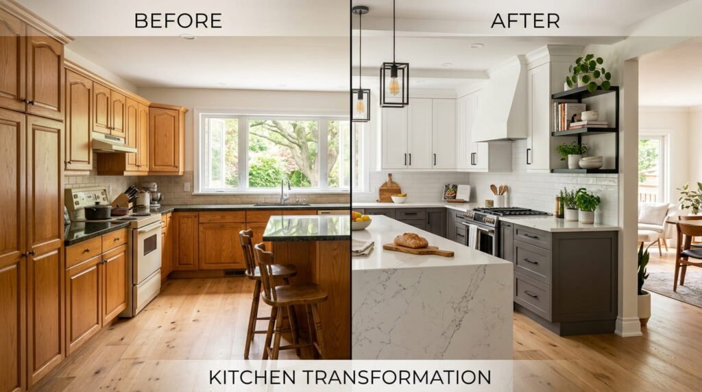 Kitchen renovation in Milton before and after cabinet replacement