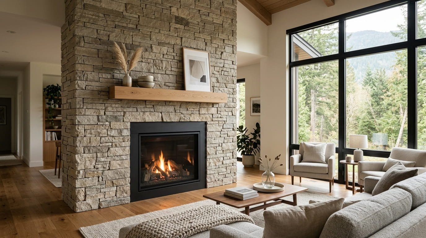 Modern fireplace renovation with stacked stone surround and floating mantel
