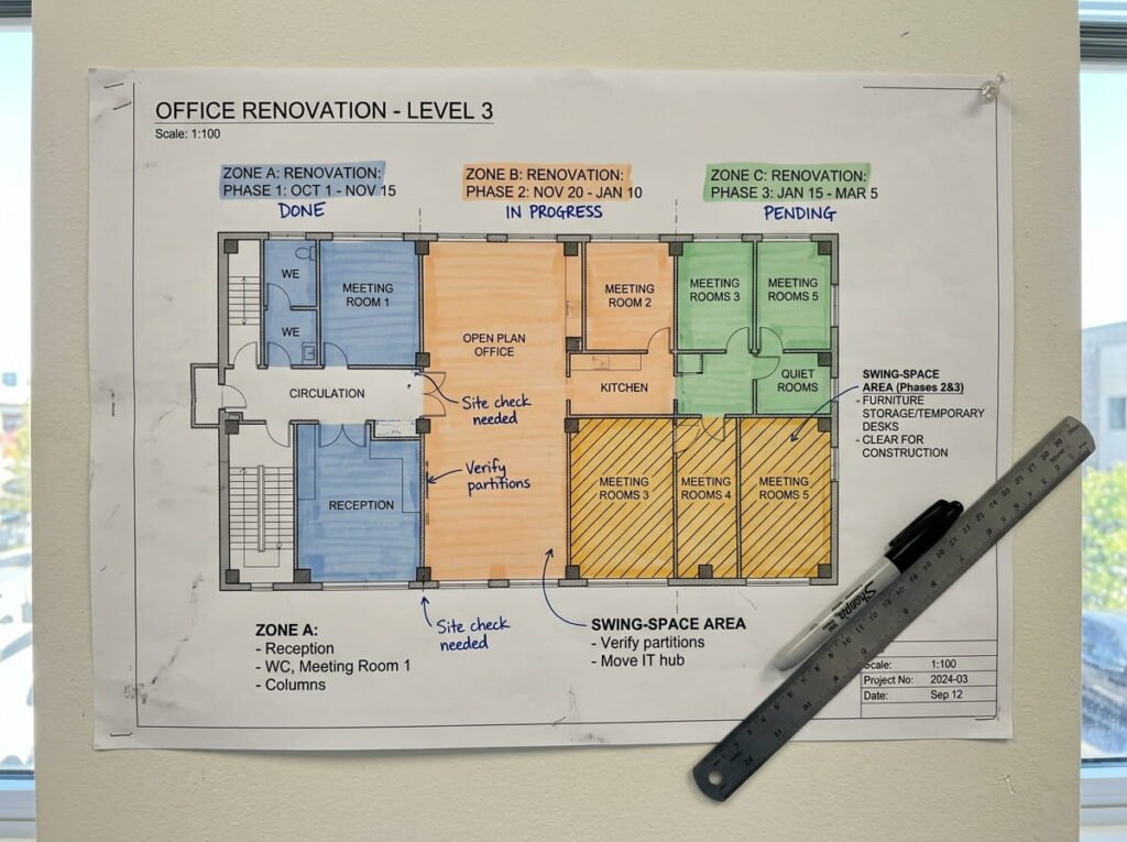 Phasing plan used to reduce downtime during office renovations