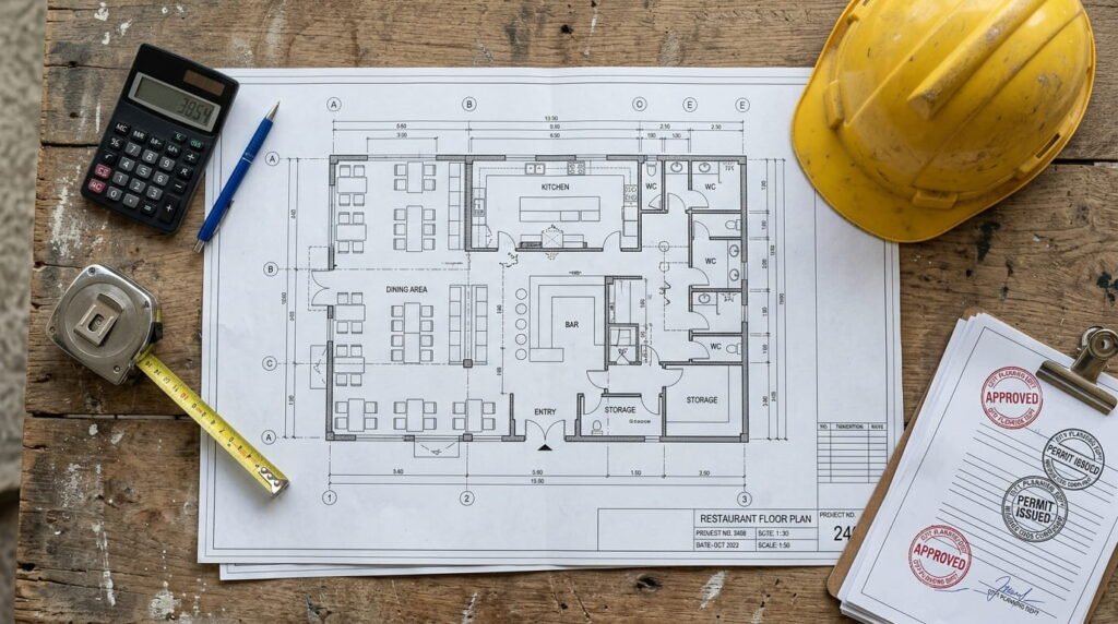 Restaurant construction permits and blueprints during the planning stage