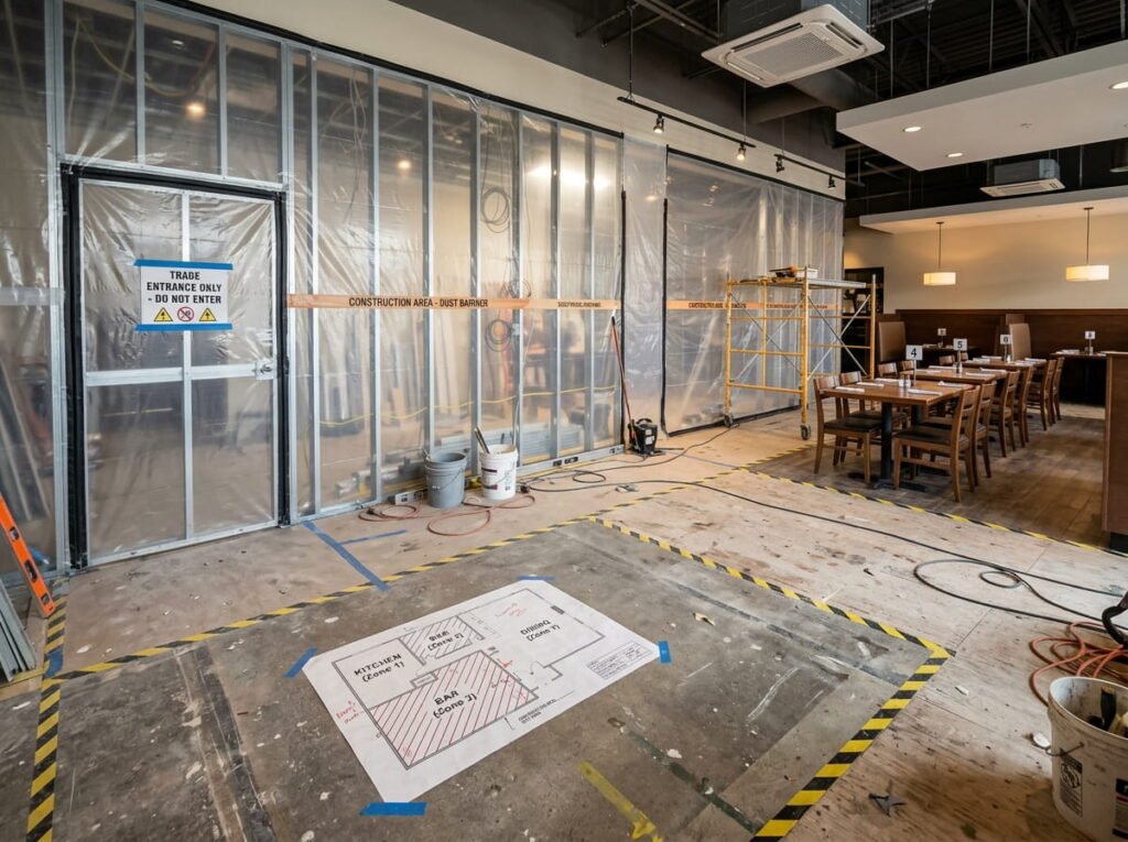 Restaurant renovation zone phasing plan with dust containment barriers