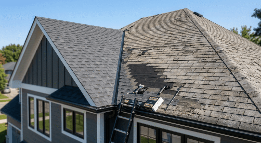Asphalt shingle roof replacement on a Canadian home showing new versus old shingles