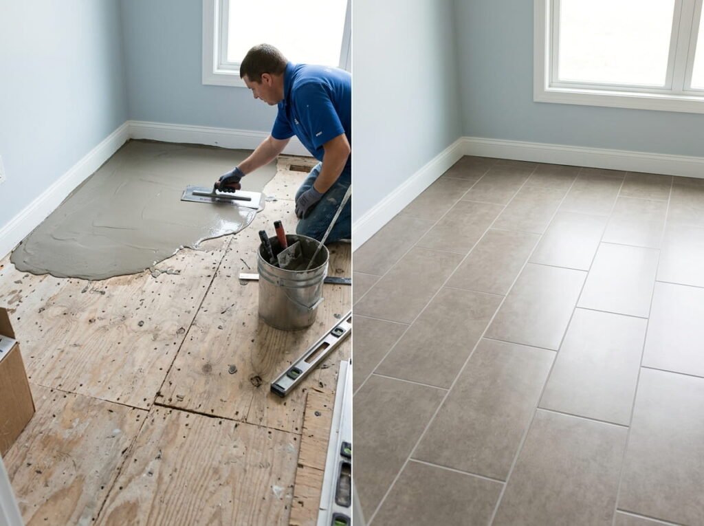 installation process showing subfloor prep before finished tile in Ontario home