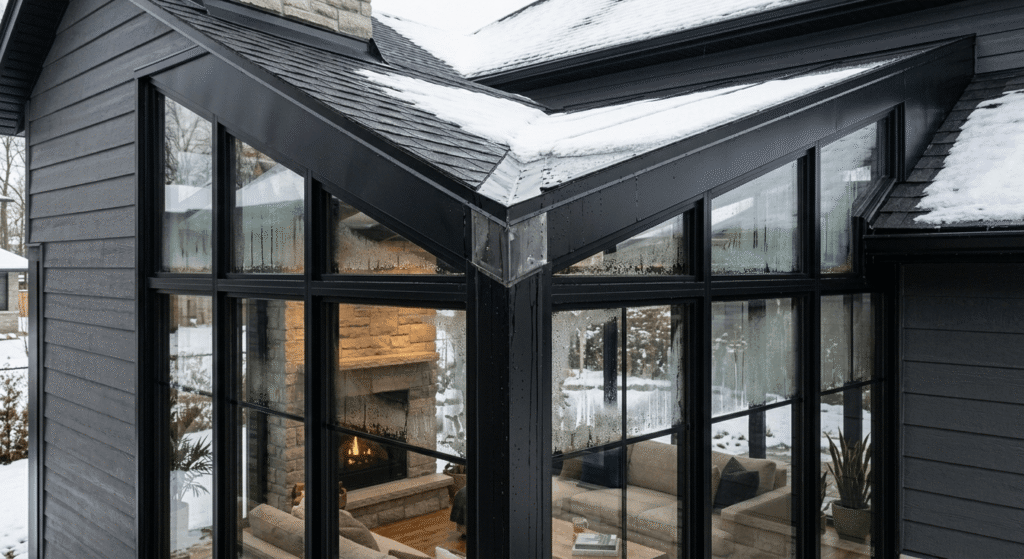 Sunroom glazing and window frame showing heat loss and energy efficiency concerns