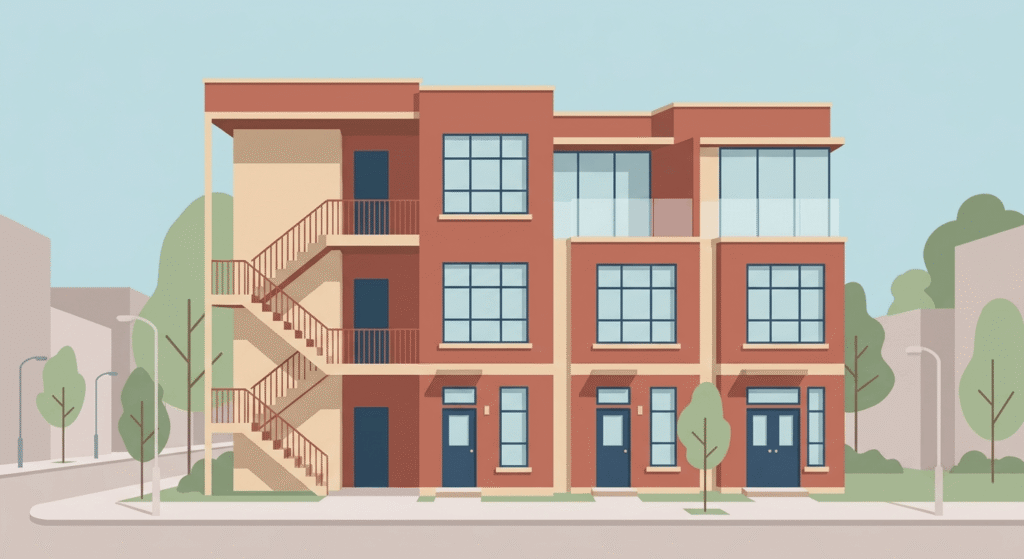 Illustration of a triplex with three separate entrances on a residential street