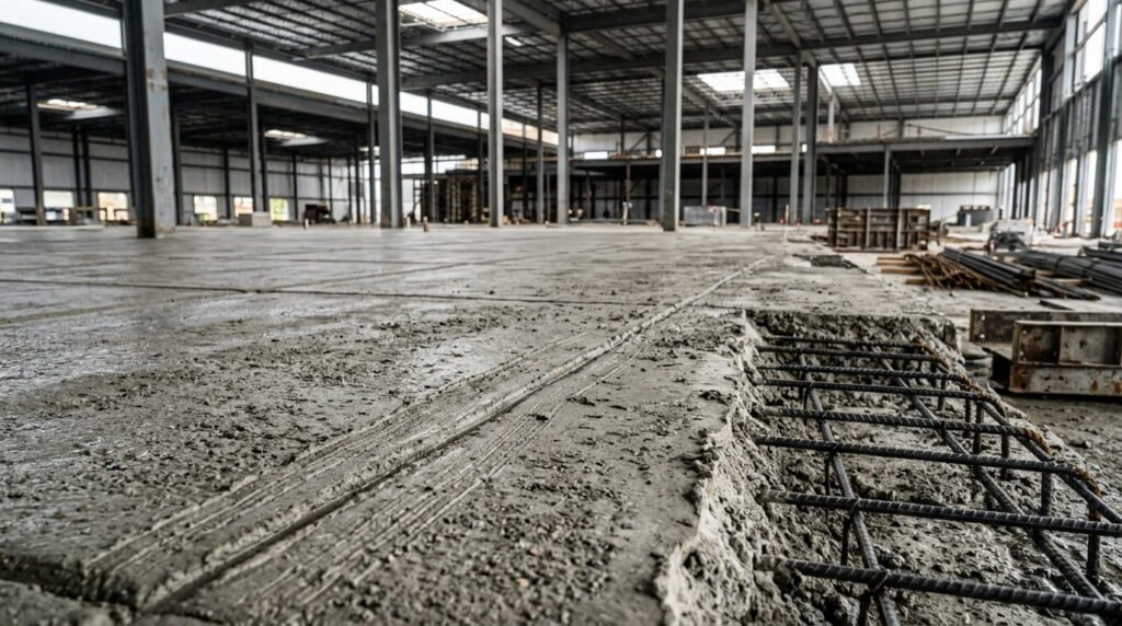 Concrete warehouse floor slab with control joint during construction