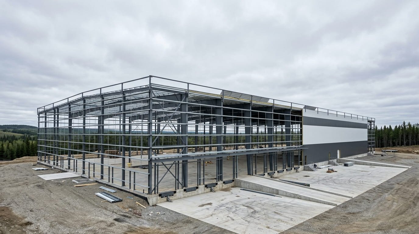 Pre-engineered steel warehouse under construction in Canada