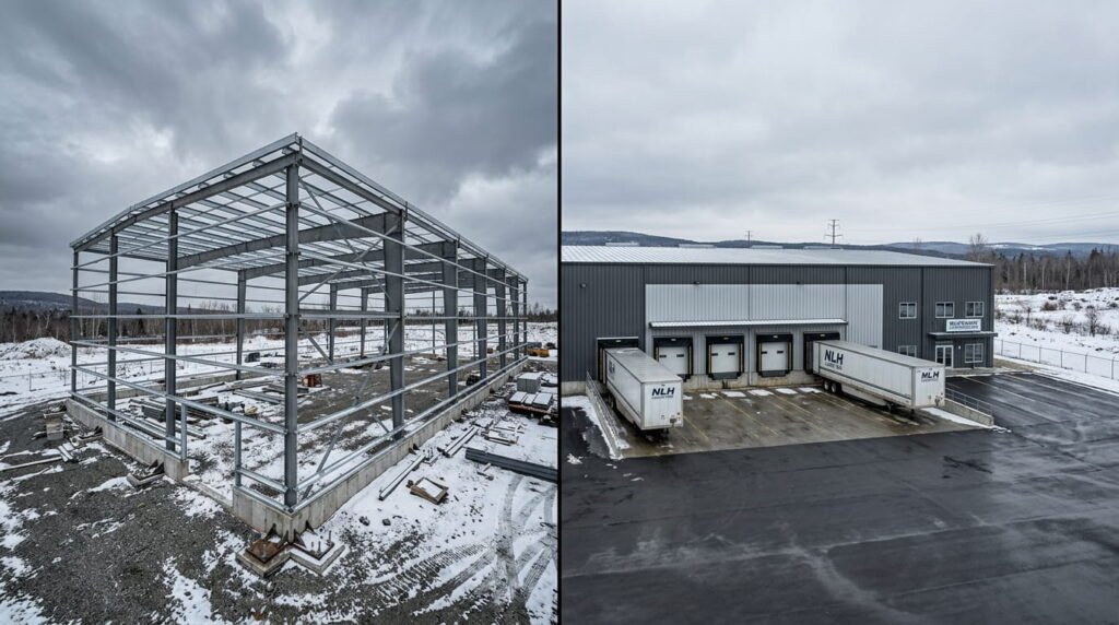 Warehouse construction shell compared with finished industrial building in Canada