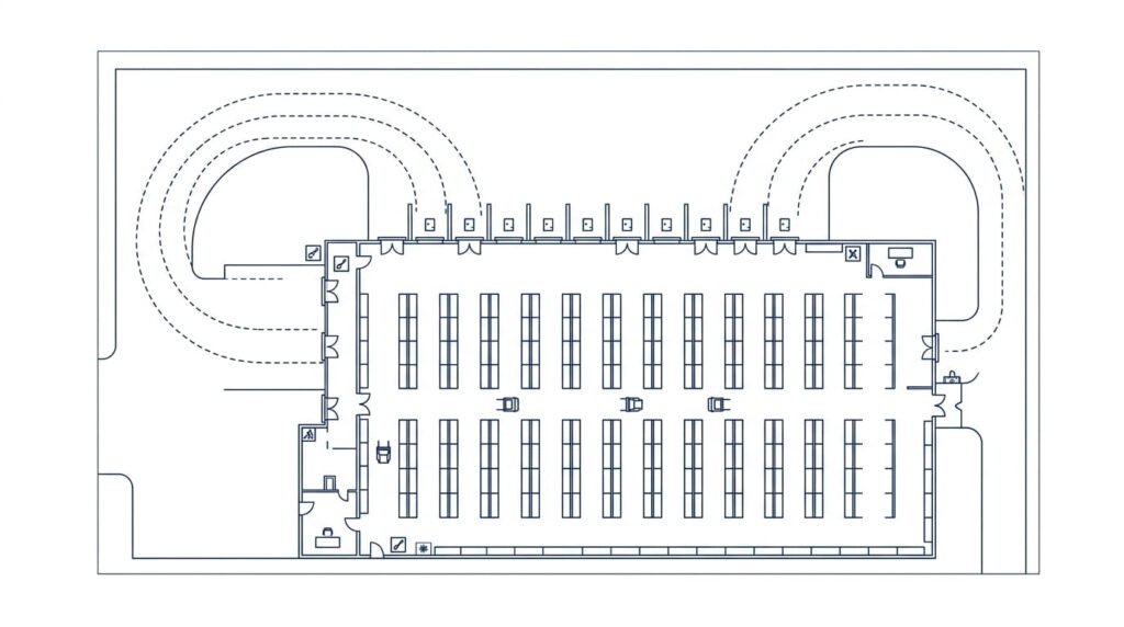 Loading docks and storage systems layout in warehouse construction planning