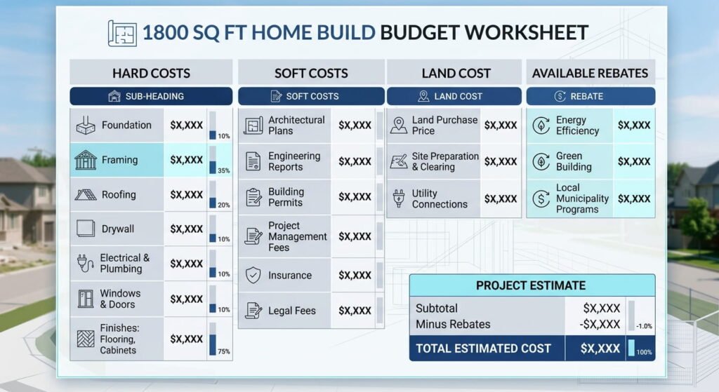 Land cost and architectural fees breakdown for 1800 sq ft Canadian home