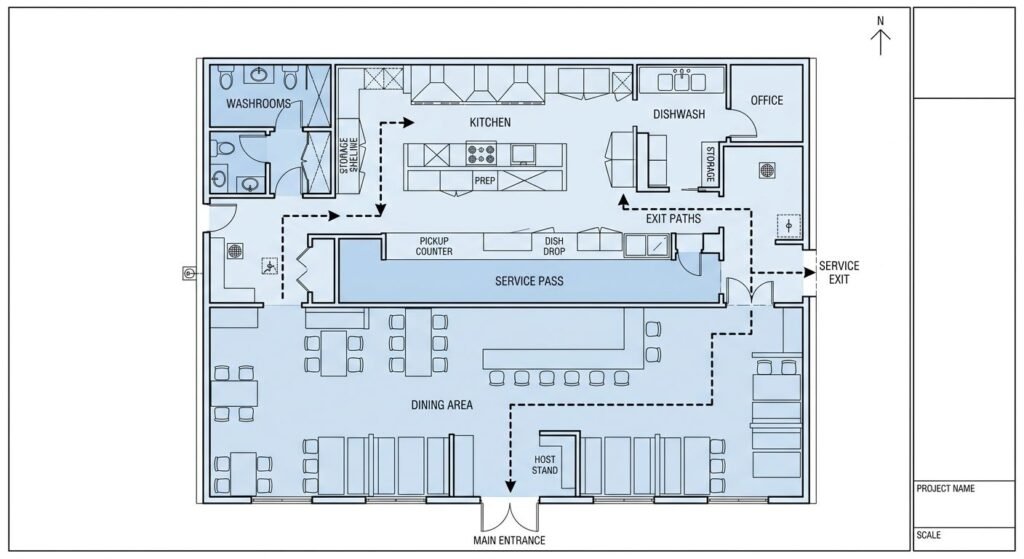 Restaurant development floor plan marked with kitchen and dining zones