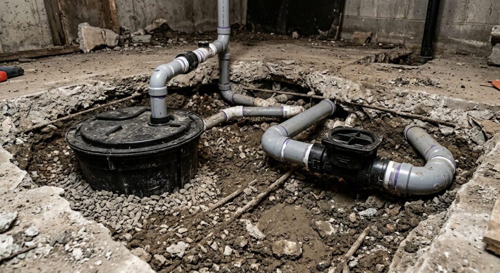 Drainage systems with sump pit and backwater valve in basement