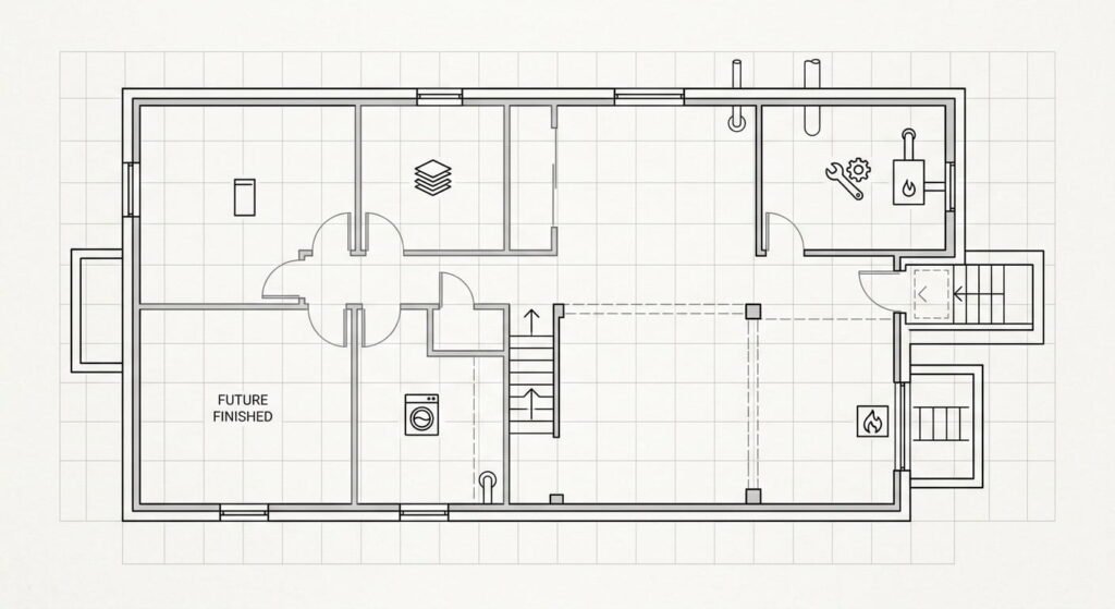 Basement finishing Oakville floor plan marking egress window and bulkheads