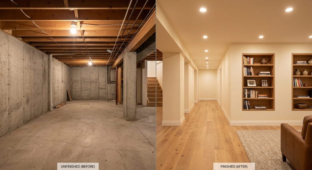 Basement renovation in Ontario with pot lights and built-in shelves
