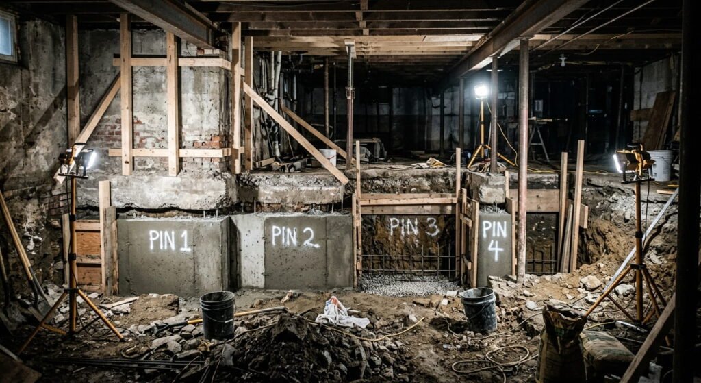 Basement underpinning construction in a Mississauga home