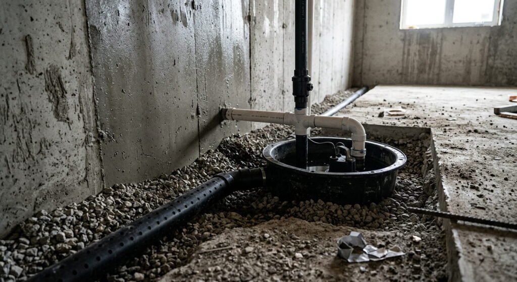 Weeping tile and sump pit installed after basement underpinning in Ontario