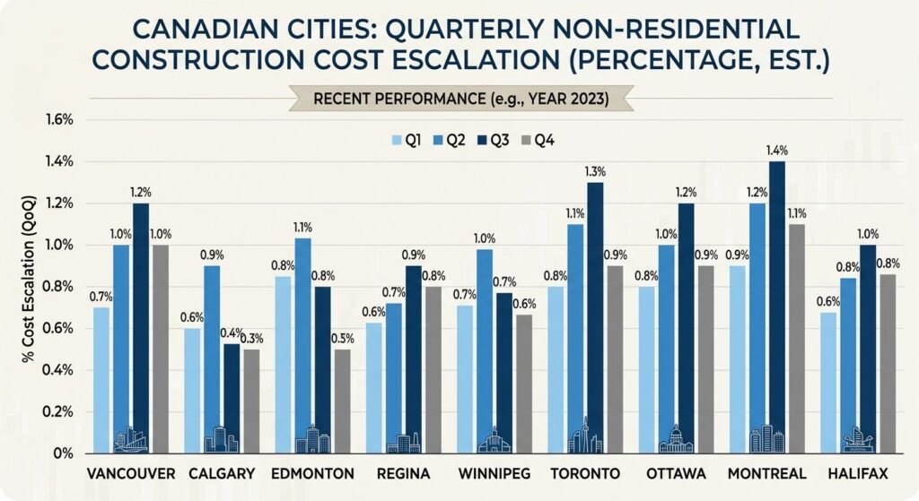 Commercial plaza construction cost escalation by Canadian city, 2026