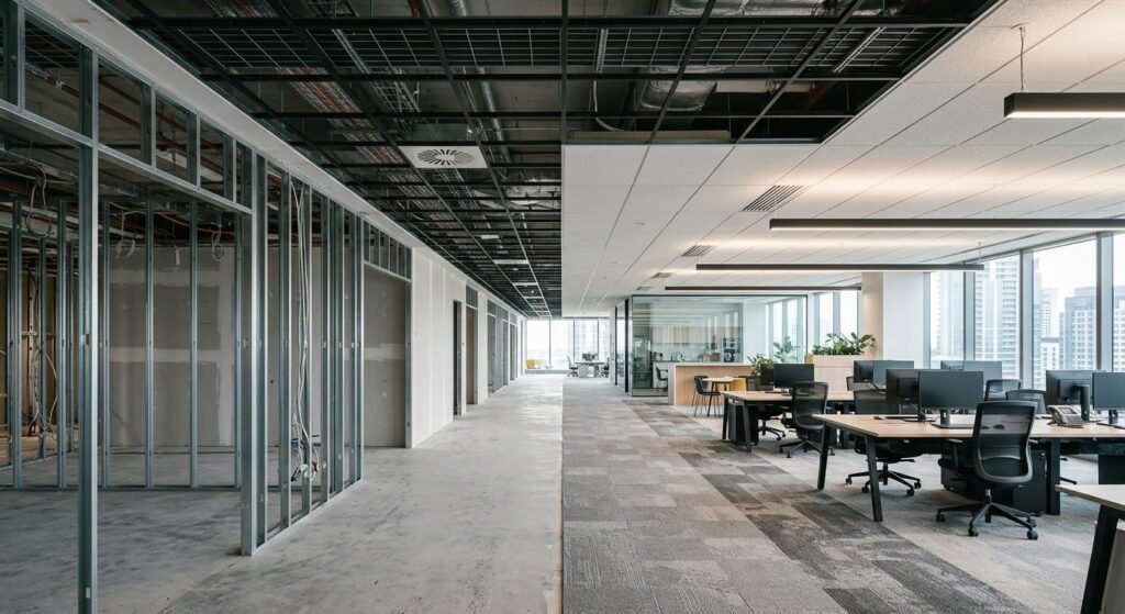 Commercial fit-out construction transforming an office interior