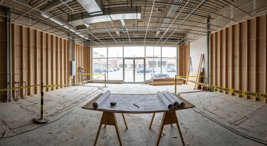 Empty commercial plaza unit being prepared for restaurant construction in Ontario