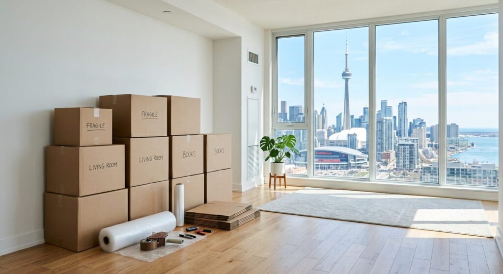 Moving to Toronto checklist with packed boxes and city skyline view
