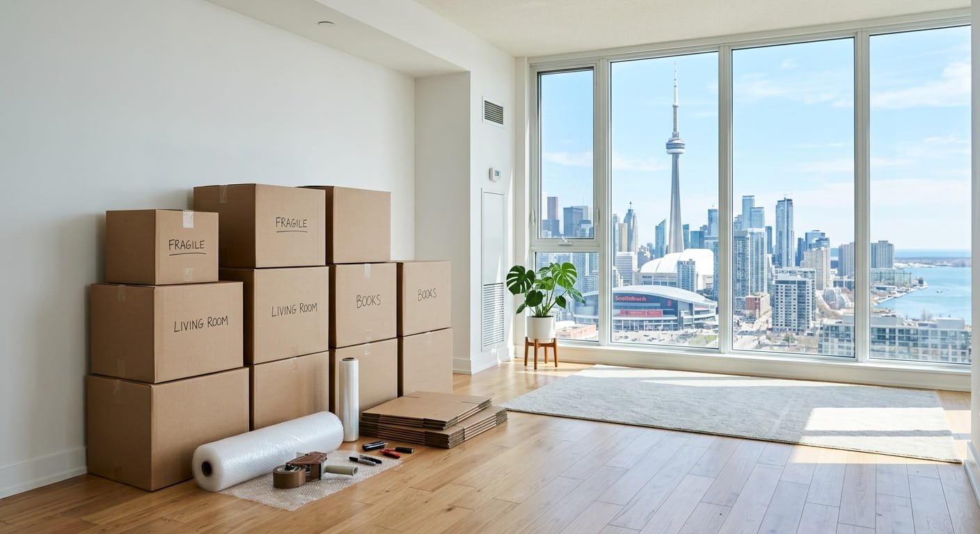 Moving to Toronto checklist with packed boxes and city skyline view