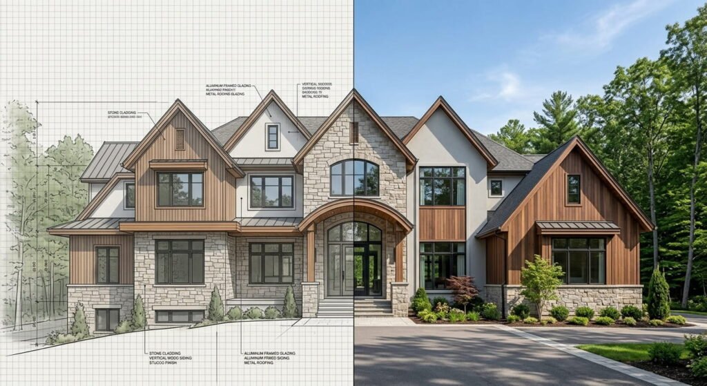 Oakville custom home builders comparing approved drawings to finished elevation