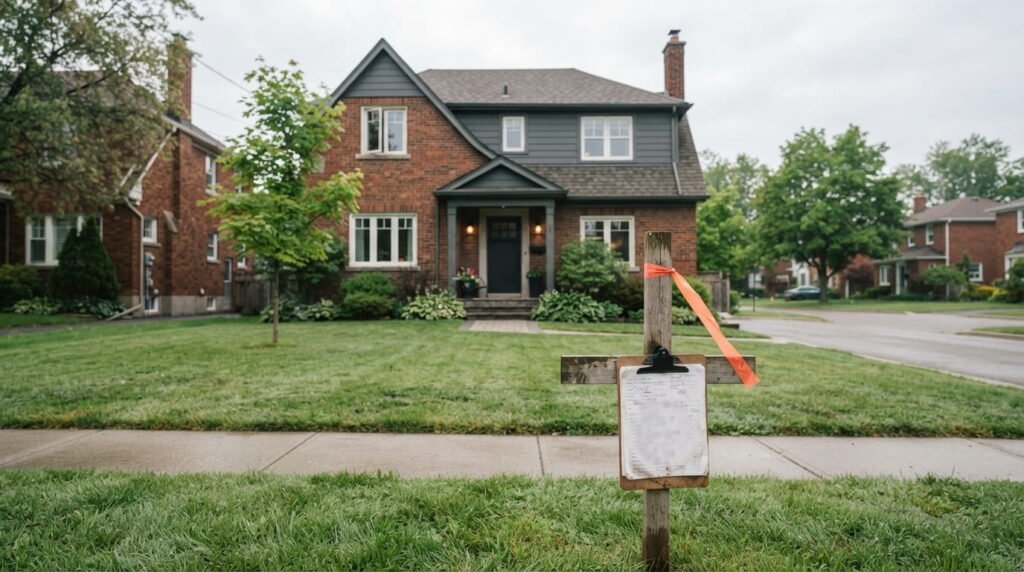 Ontario house with survey marker before applying for a demolition permit
