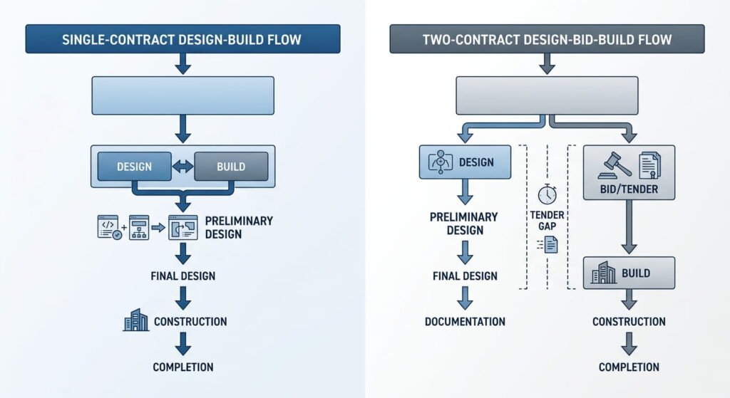 Commercial construction design-build versus design-bid-build contract structure diagram"