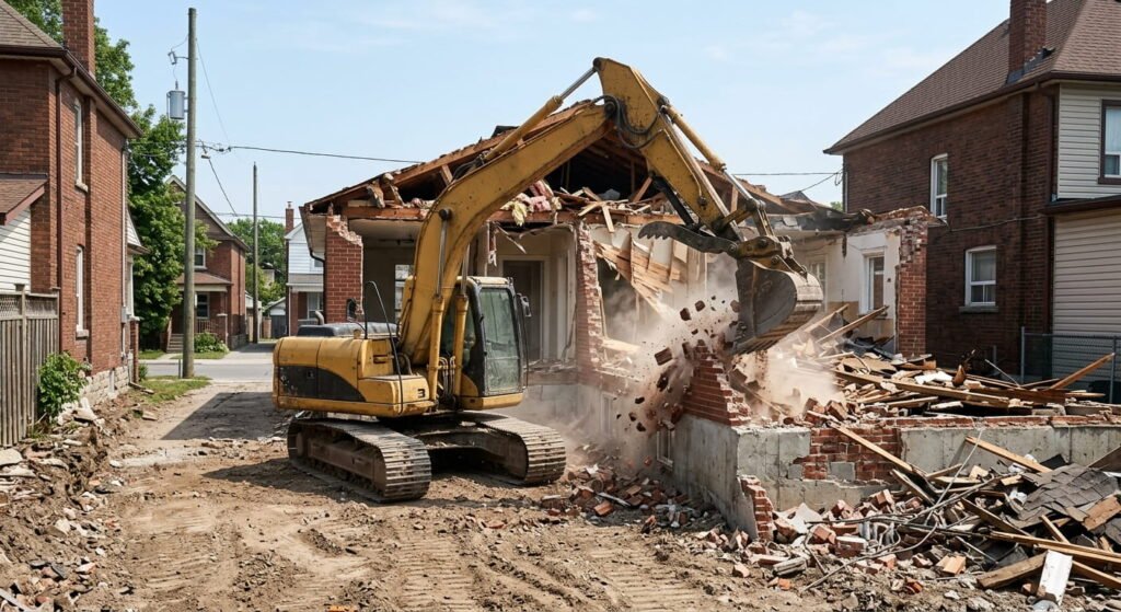 Excavator demolition equipment tearing down a brick house in Ontario
