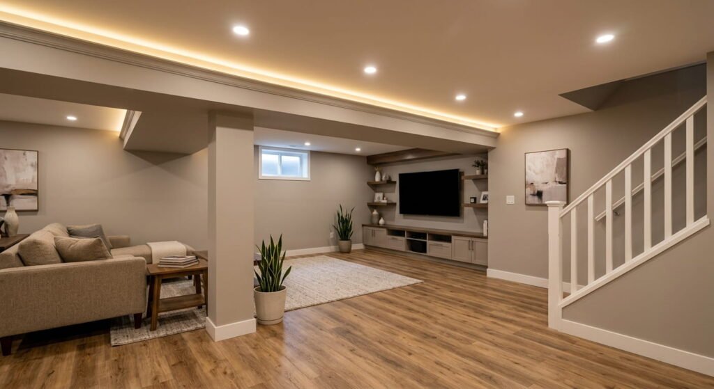 Basement flooring and lighting design in a finished Oakville lower level