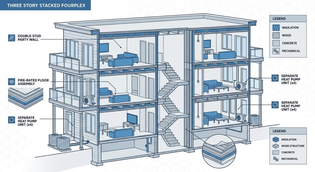 Fourplex framing cutaway showing separate HVAC systems for each unit