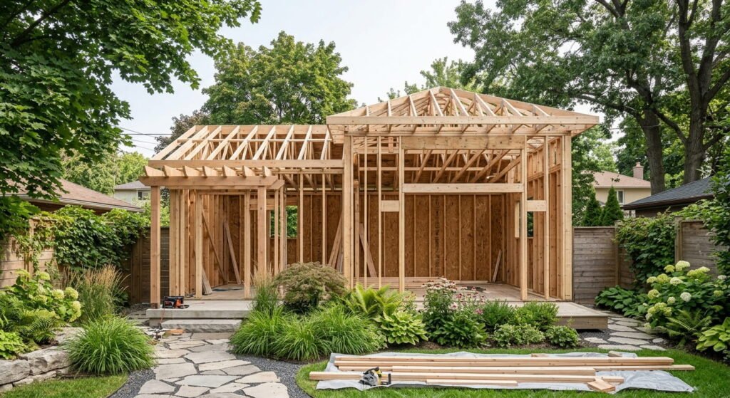 Garden suite contractors framing a backyard garden house in Mississauga
