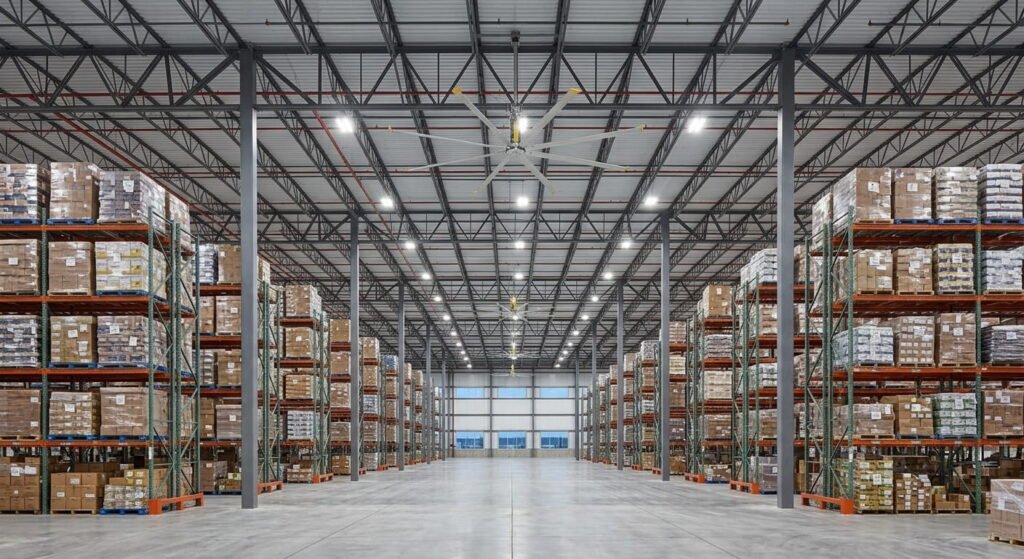 Warehouse building interior with ESFR sprinklers above tall pallet racking