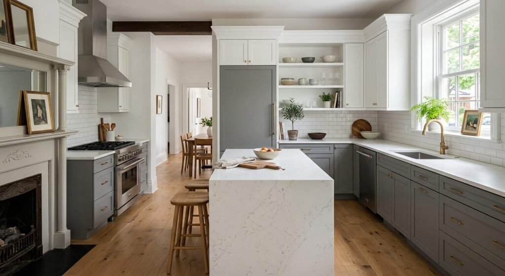 Kitchen renovation Hamilton with grey and white cabinetry