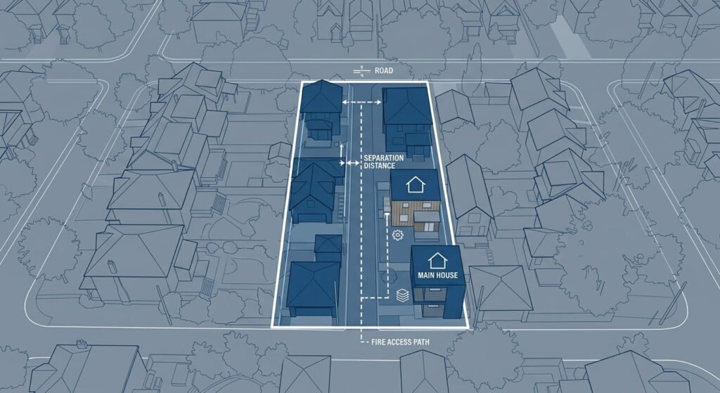 Toronto laneway suite site plan showing setbacks and fire access path